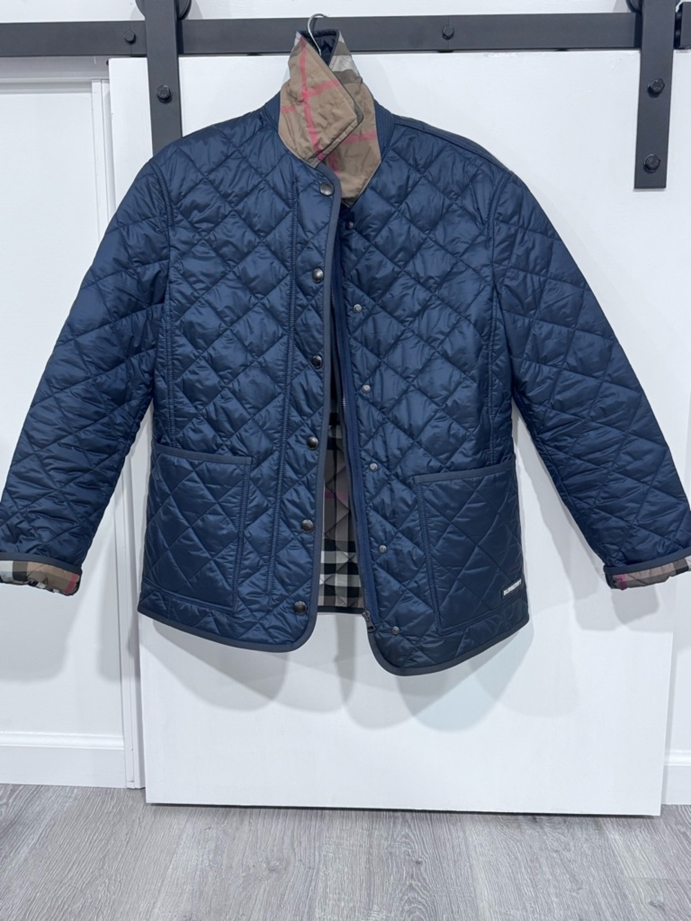 Burberry Quilted Navy Jacket with Beige Check Collar
